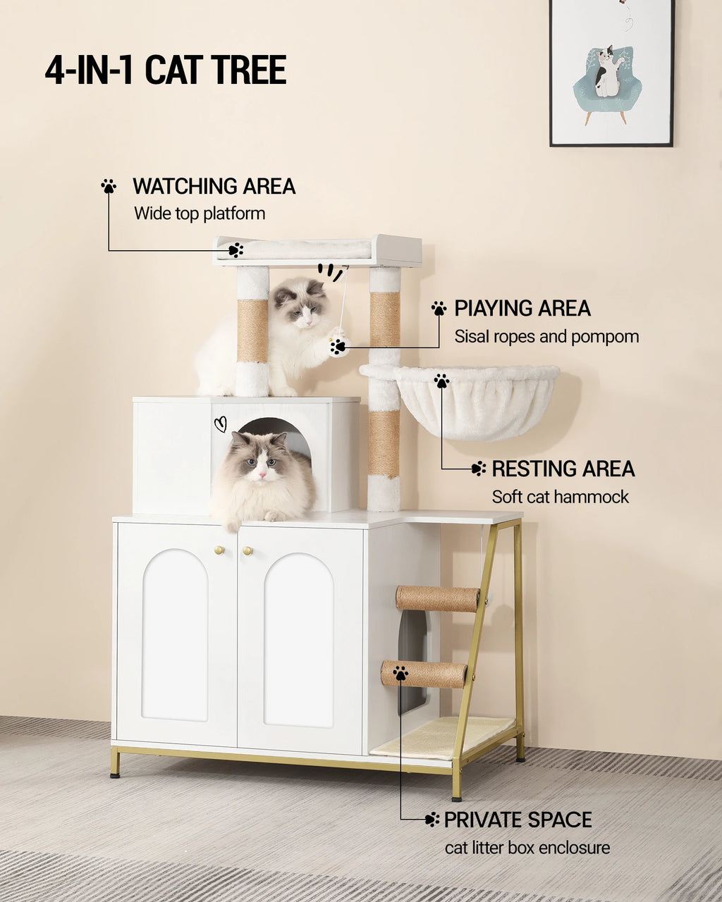 Hzuaneri Cat Tree with Litter Box Cabinet, Cat Cabinet, 4-In-1 Modern Cat House with Large Platform, Stairs and Pompom