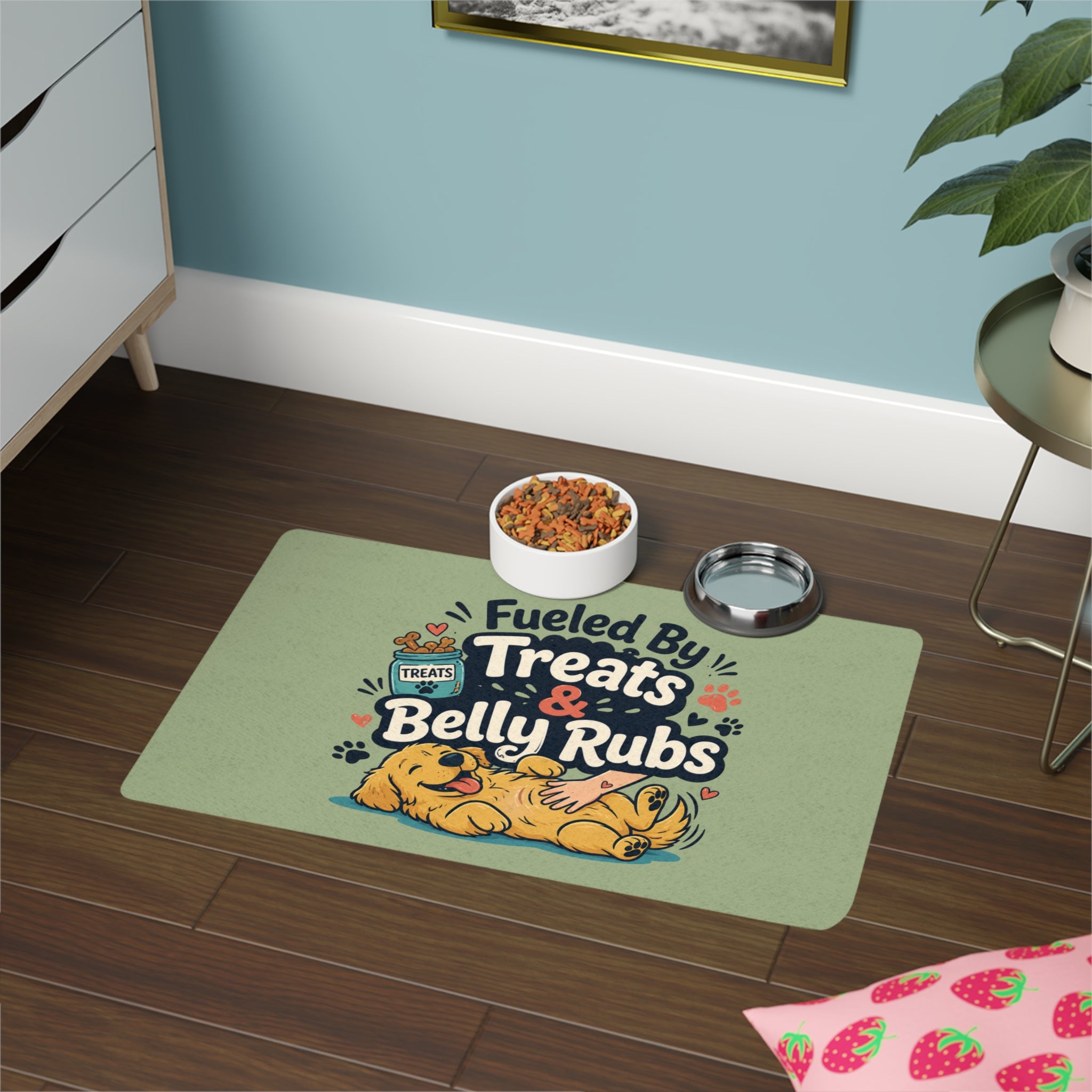 "Fueled By Treats & Belly Rubs" Dog Feeding Mat – Non-Slip Washable Pet Food Mat – Cute Pet Feeding Station Rug for Dogs & Cats