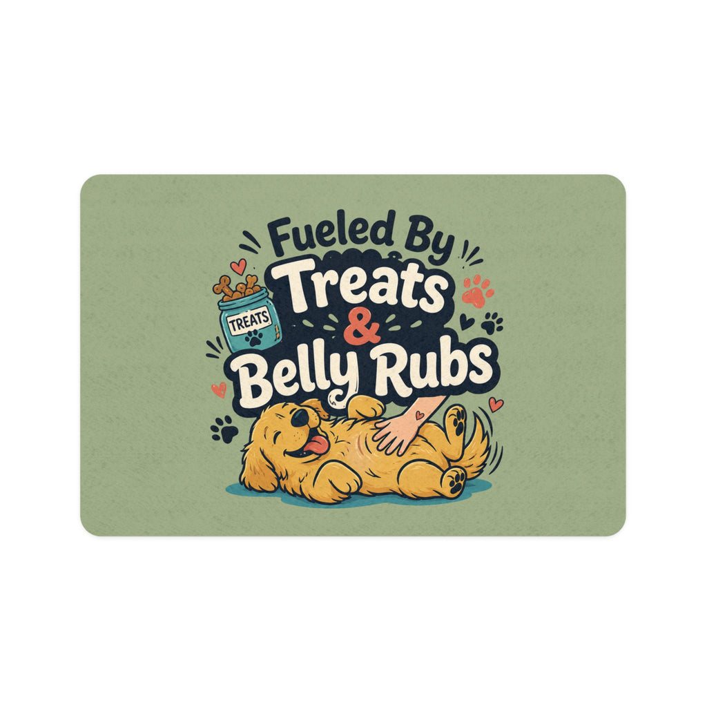 "Fueled By Treats & Belly Rubs" Dog Feeding Mat – Non-Slip Washable Pet Food Mat – Cute Pet Feeding Station Rug for Dogs & Cats