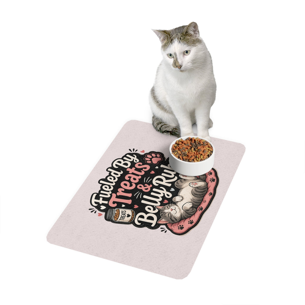 "Fueled By Treats & Belly Rubs" Cat Feeding Mat 12x18 – Non-Slip Washable Pet Food Mat – Cute Cat & Dog Dining Mat for Feeding Station