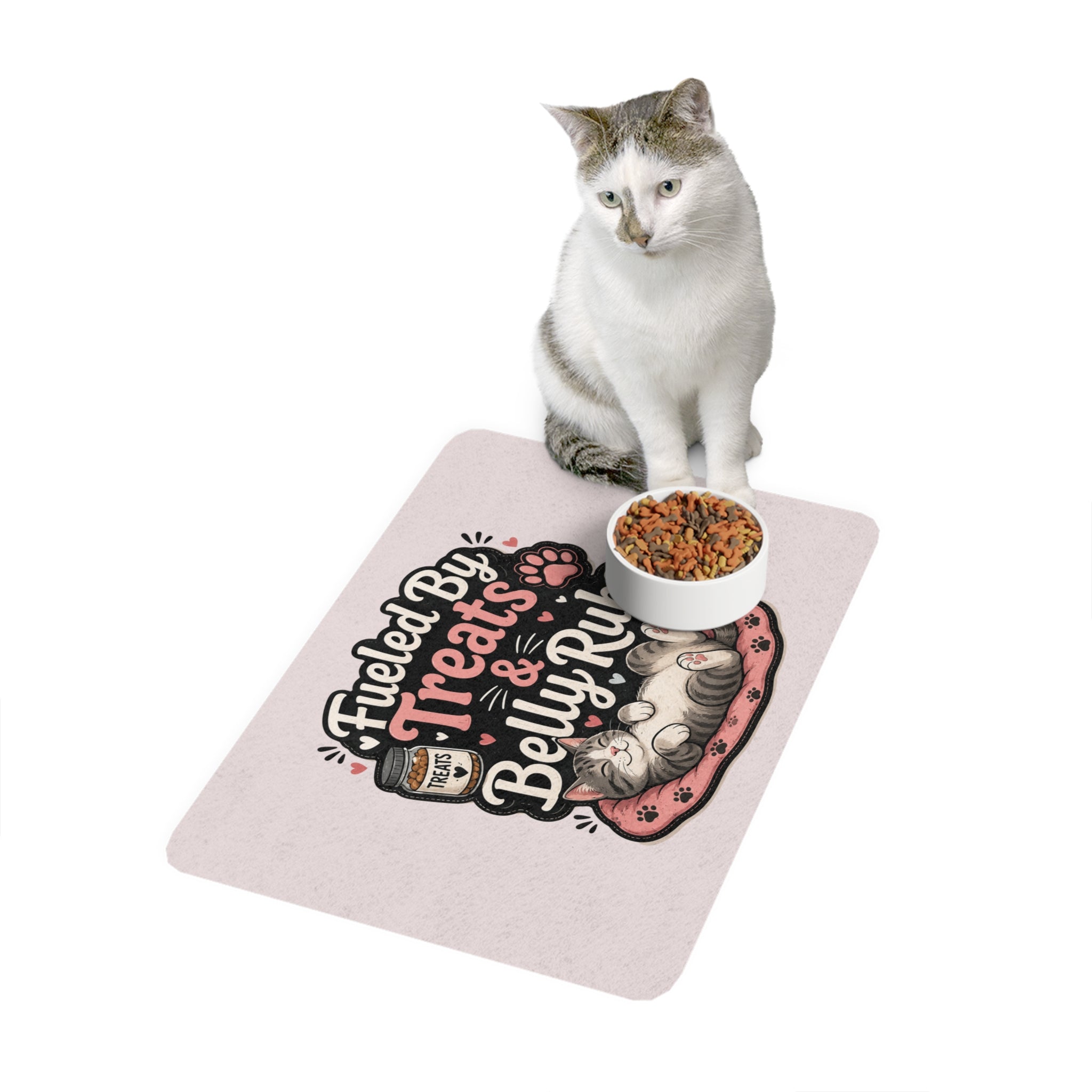 "Fueled By Treats & Belly Rubs" Cat Feeding Mat 12x18 – Non-Slip Washable Pet Food Mat – Cute Cat & Dog Dining Mat for Feeding Station