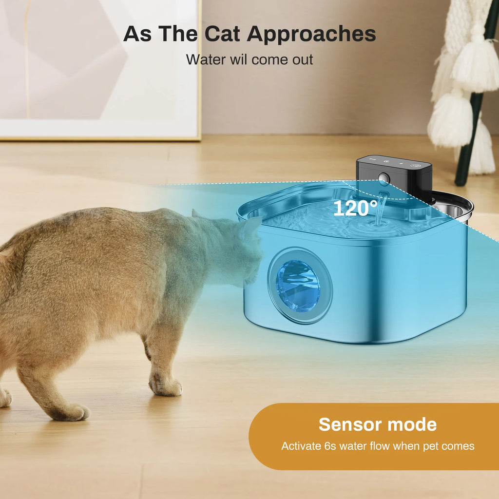3.2L Automatic Stainless Steel Cat Water Fountain 4000Mah Wireless Pet Drinker Battery & Sensor 2 in 1 Dispenser