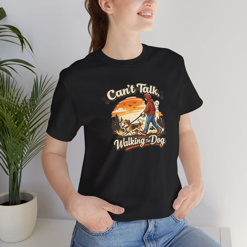 Can't Talk I'm Walking My Dog T-Shirt – Funny Dog Walker Sunset Hiking Graphic Tee – Gift for Dog Lovers, Dog Moms & Pet Parents