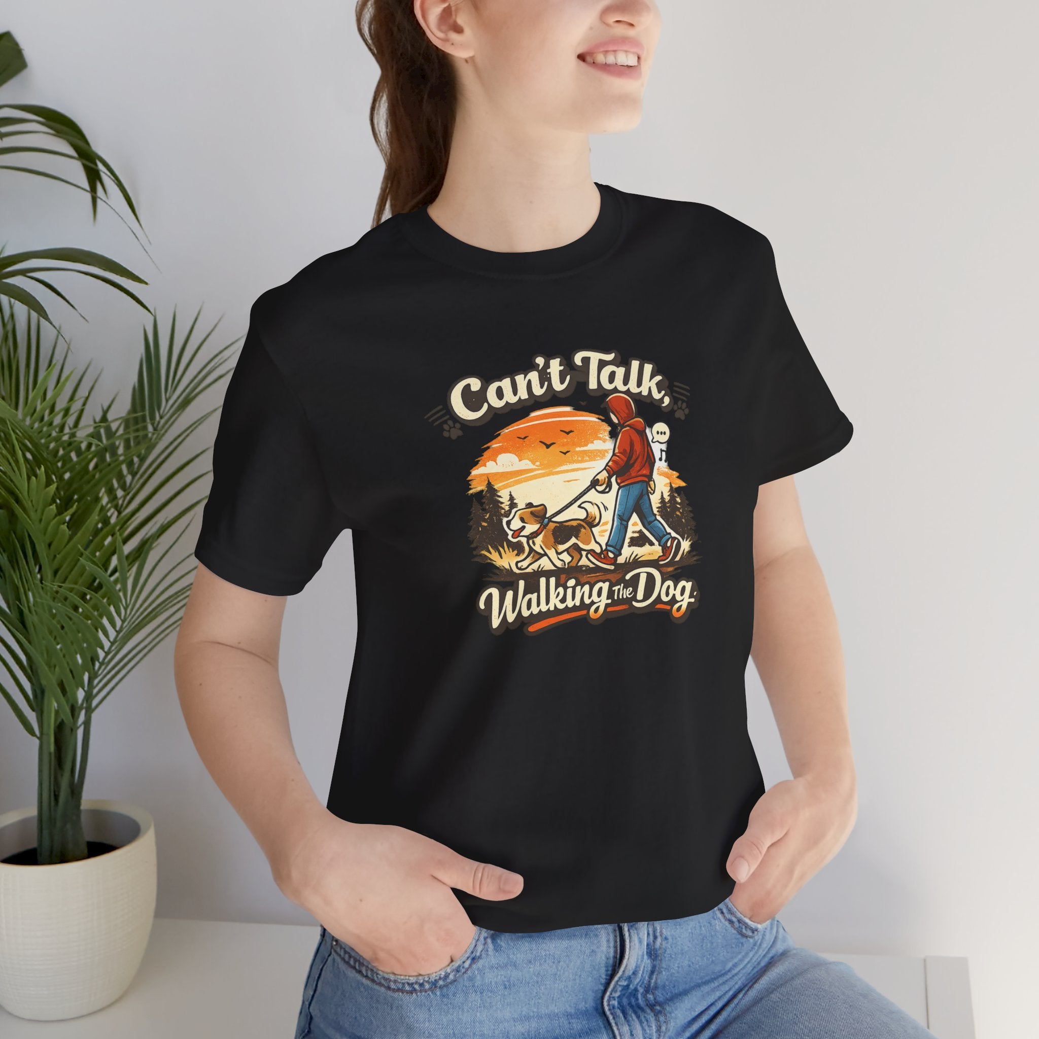 Can't Talk I'm Walking My Dog T-Shirt – Funny Dog Walker Sunset Hiking Graphic Tee – Gift for Dog Lovers, Dog Moms & Pet Parents