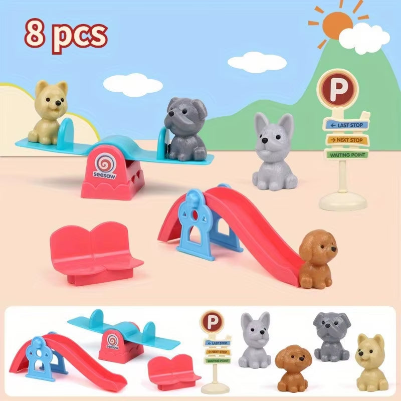 Cute Dog Pet Basket Family Toys Dog Doll Set Cage Toys Scene Playing Toys Christmas Decoration Thanksgiving Gifts Color Randomly