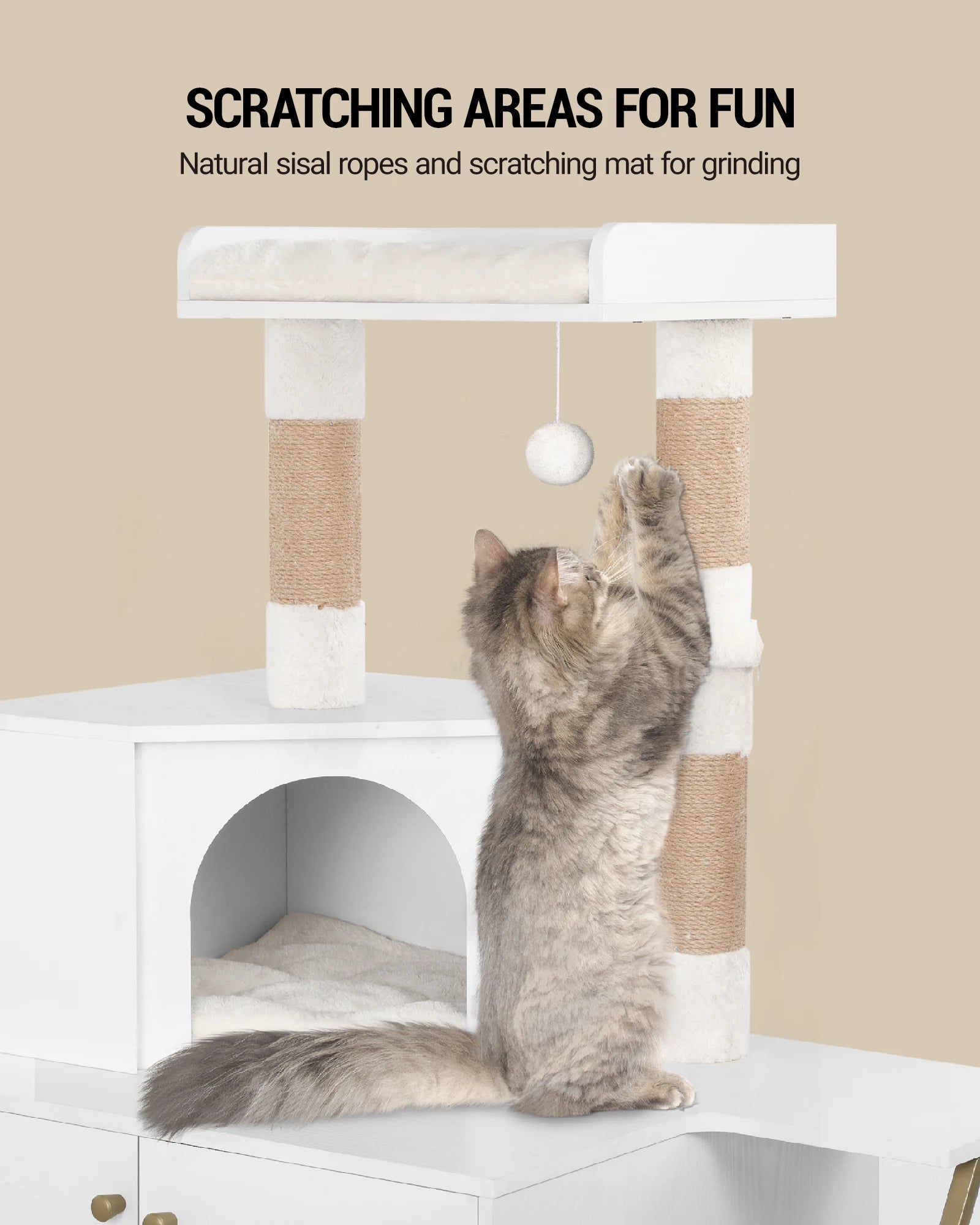 Hzuaneri Cat Tree with Litter Box Cabinet, Cat Cabinet, 4-In-1 Modern Cat House with Large Platform, Stairs and Pompom