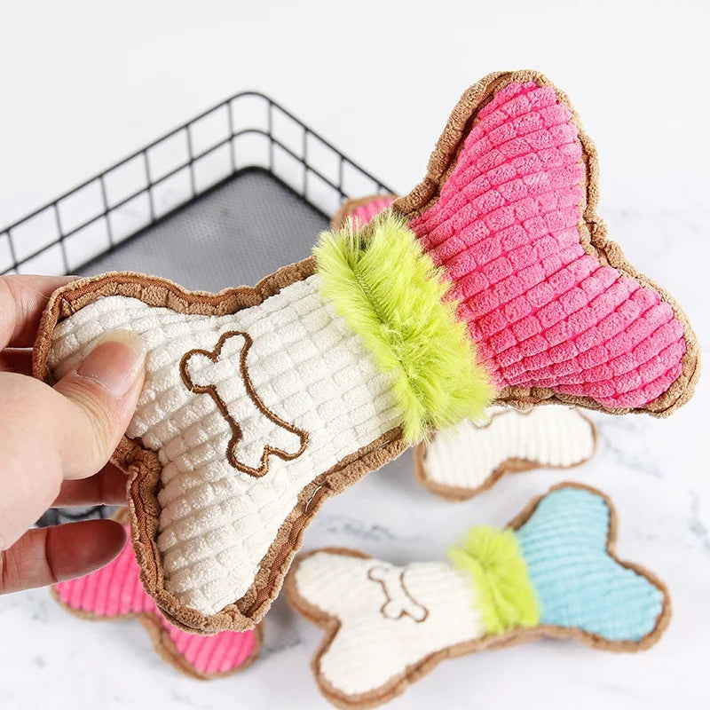 Small Medium Breed Plush Squeaky Bone Chew Toy for Puppy Aggressive Chewer Pet Playing Teeth Cleaning Dog Toy