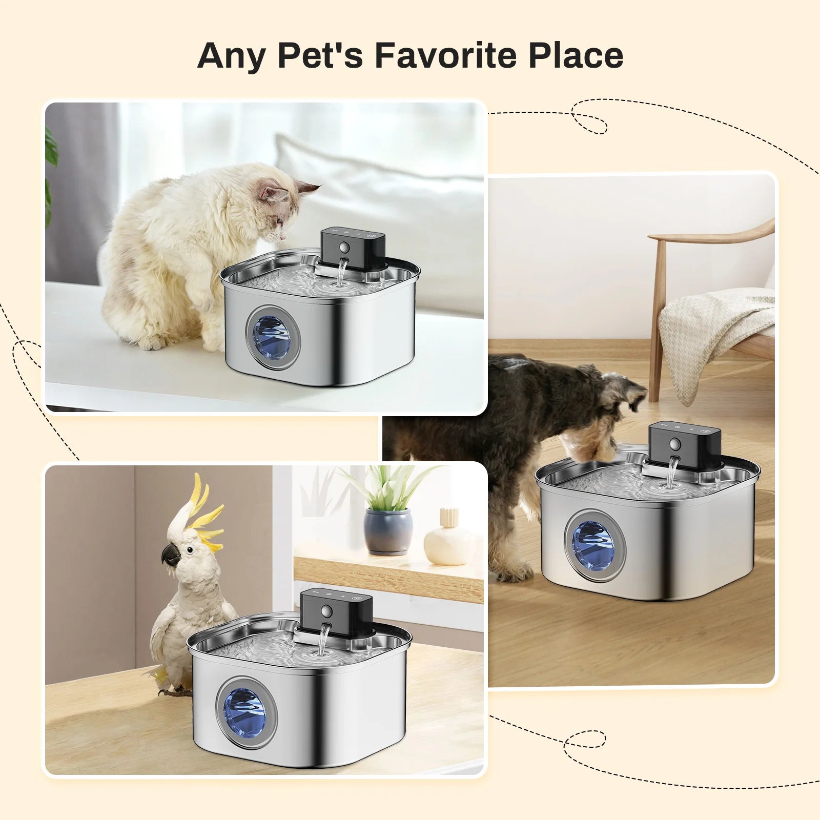 3.2L Automatic Stainless Steel Cat Water Fountain 4000Mah Wireless Pet Drinker Battery & Sensor 2 in 1 Dispenser