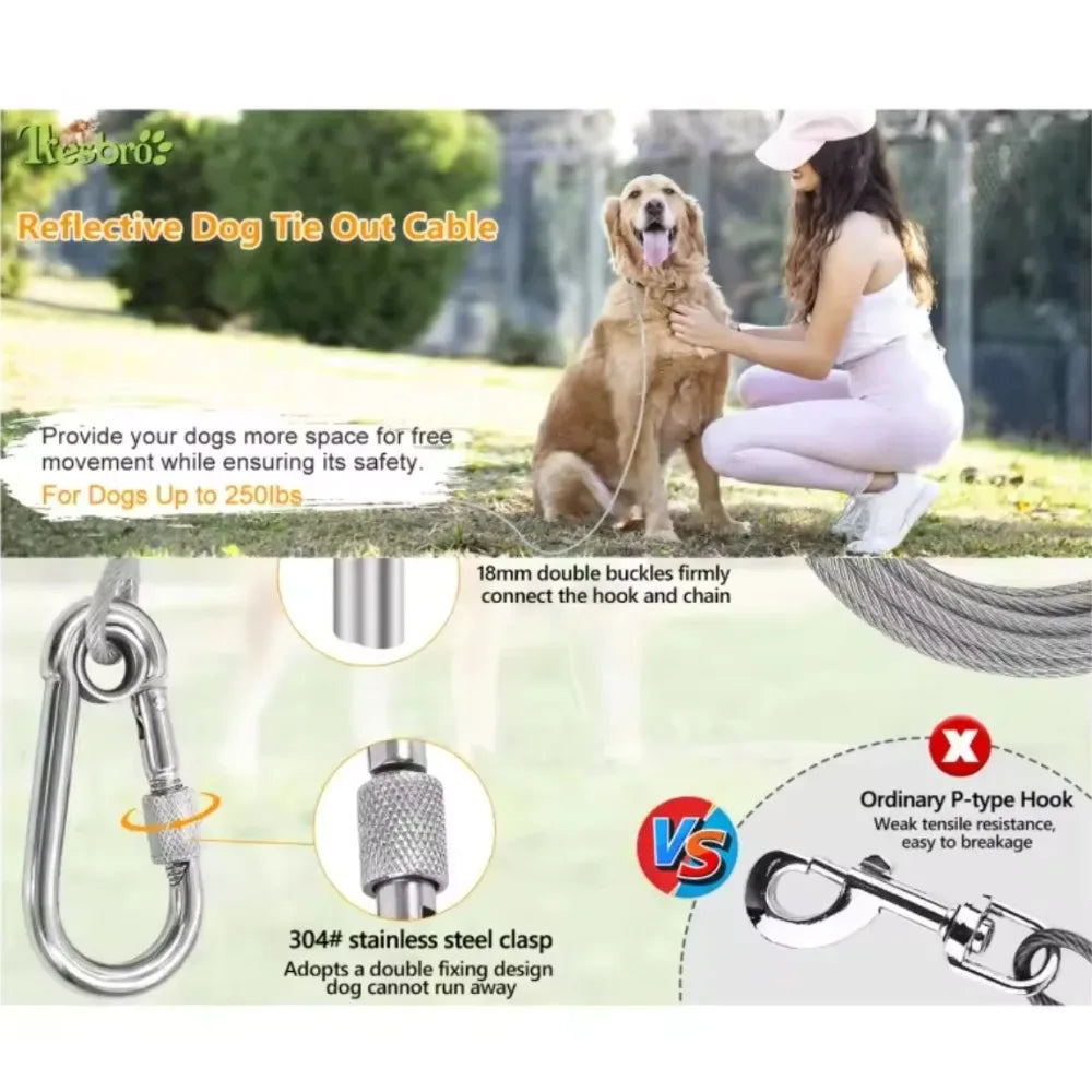 Double-Headed Dog Tie Out Cable Leash ,Raction Rope with Metal Buckle Steel Wire Anti-Rust Training Collar,Outdoor Dogs Strap