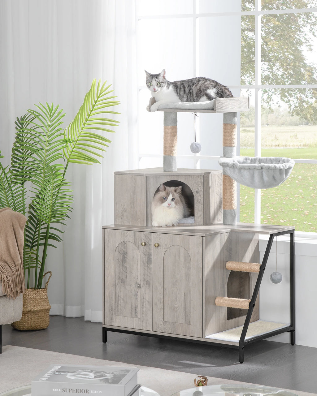 Hzuaneri Cat Tree with Litter Box Cabinet, Cat Cabinet, 4-In-1 Modern Cat House with Large Platform, Stairs and Pompom