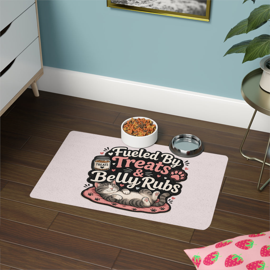 "Fueled By Treats & Belly Rubs" Cat Feeding Mat 12x18 – Non-Slip Washable Pet Food Mat – Cute Cat & Dog Dining Mat for Feeding Station