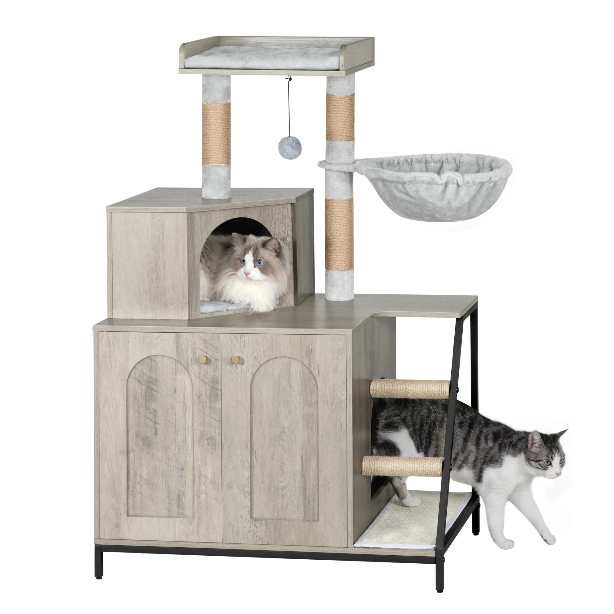 Hzuaneri Cat Tree with Litter Box Cabinet, Cat Cabinet, 4-In-1 Modern Cat House with Large Platform, Stairs and Pompom