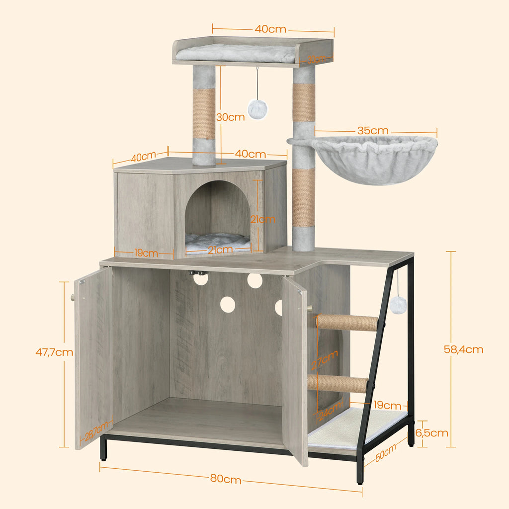 Hzuaneri Cat Tree with Litter Box Cabinet, Cat Cabinet, 4-In-1 Modern Cat House with Large Platform, Stairs and Pompom