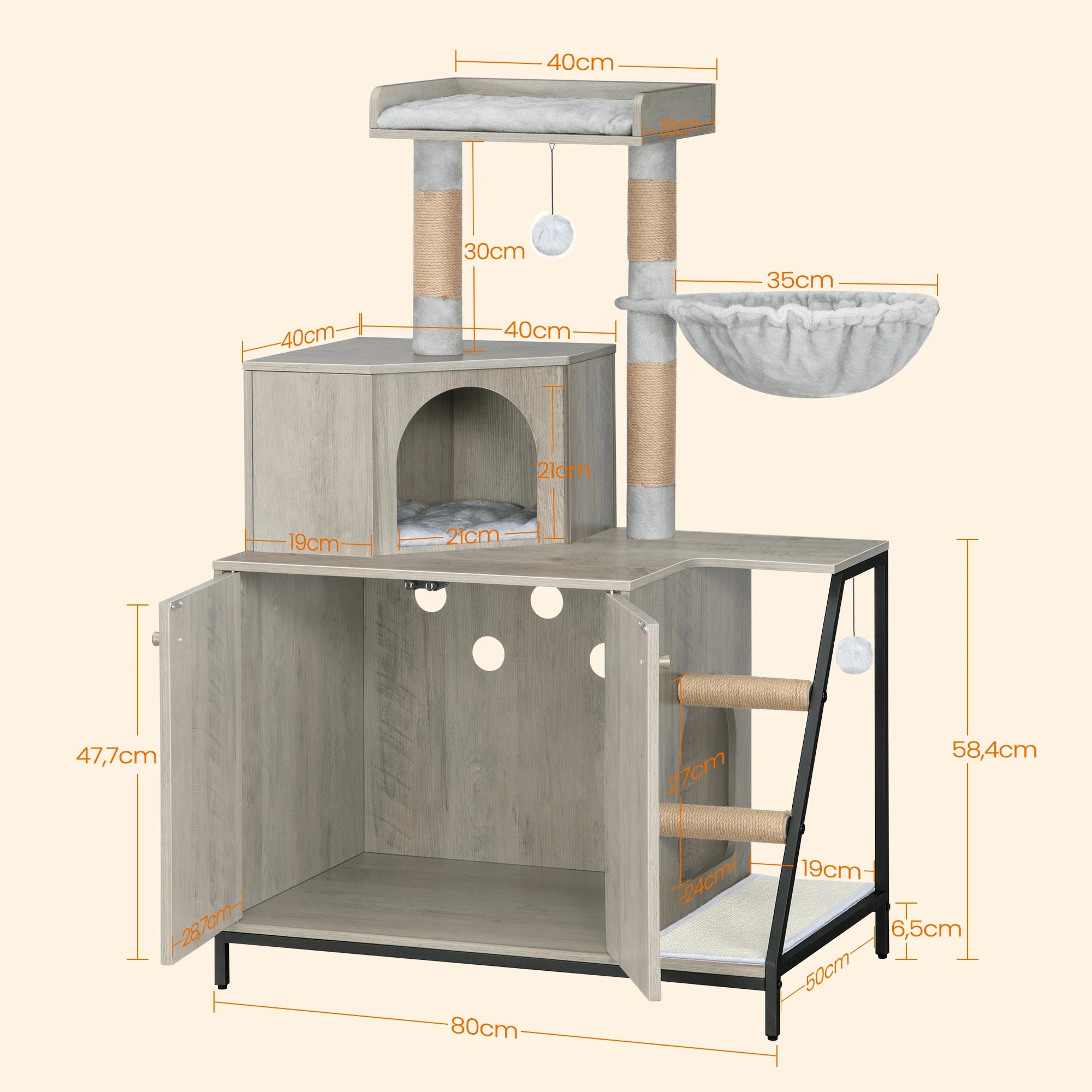 Hzuaneri Cat Tree with Litter Box Cabinet, Cat Cabinet, 4-In-1 Modern Cat House with Large Platform, Stairs and Pompom