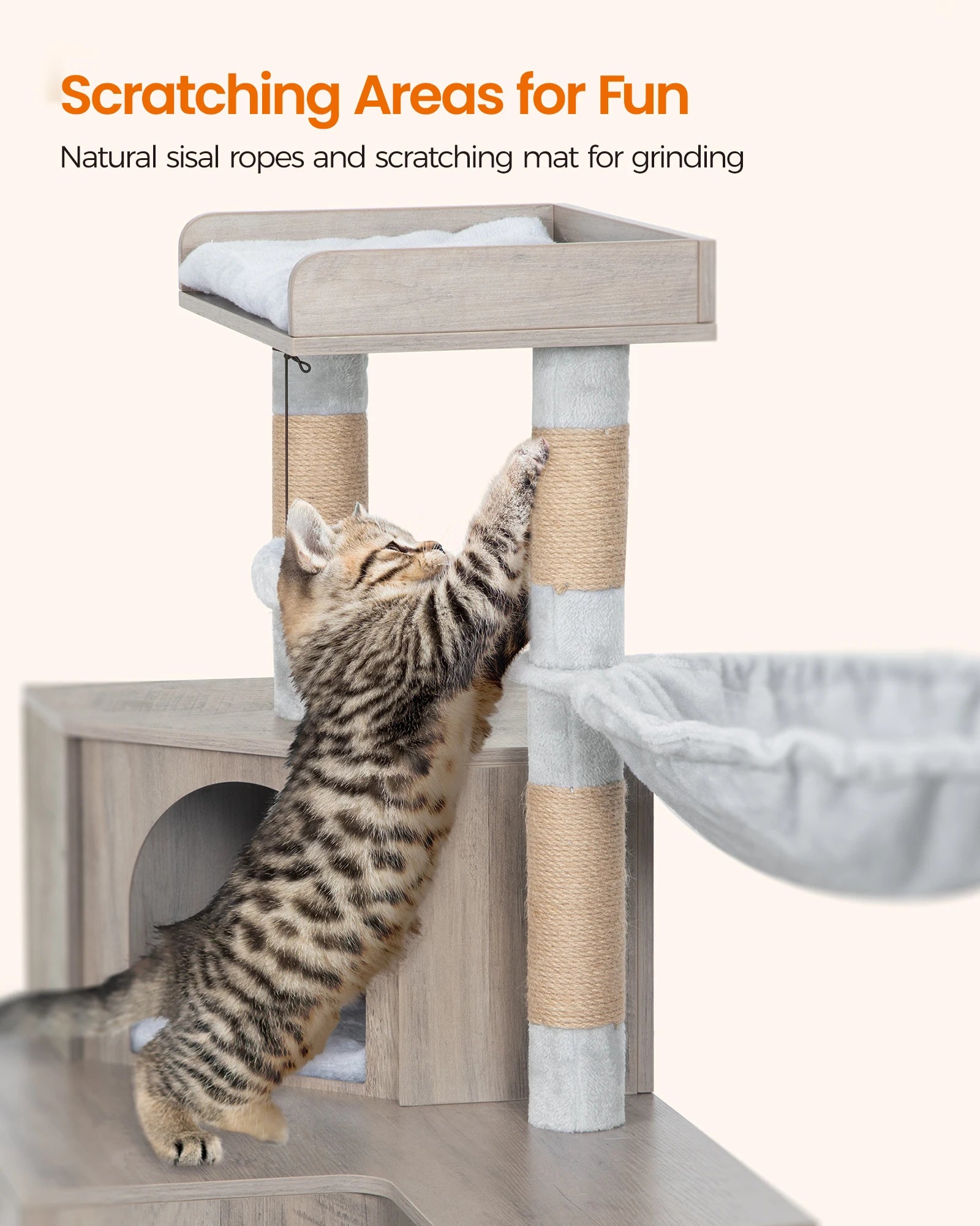 Hzuaneri Cat Tree with Litter Box Cabinet, Cat Cabinet, 4-In-1 Modern Cat House with Large Platform, Stairs and Pompom