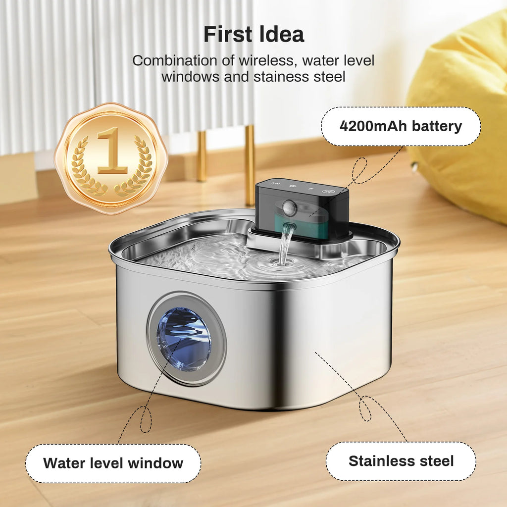3.2L Automatic Stainless Steel Cat Water Fountain 4000Mah Wireless Pet Drinker Battery & Sensor 2 in 1 Dispenser