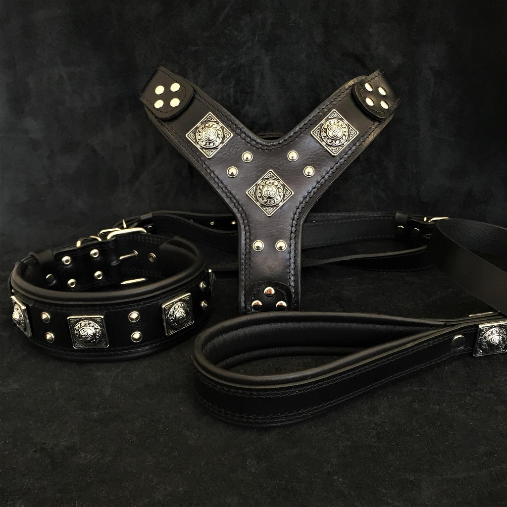Dog Set – Harness, Collar & Leash – All Black Leather, Large Breeds