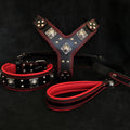 Dog Set – Harness, Collar & Leash – Black & Red Leather, Large Breeds