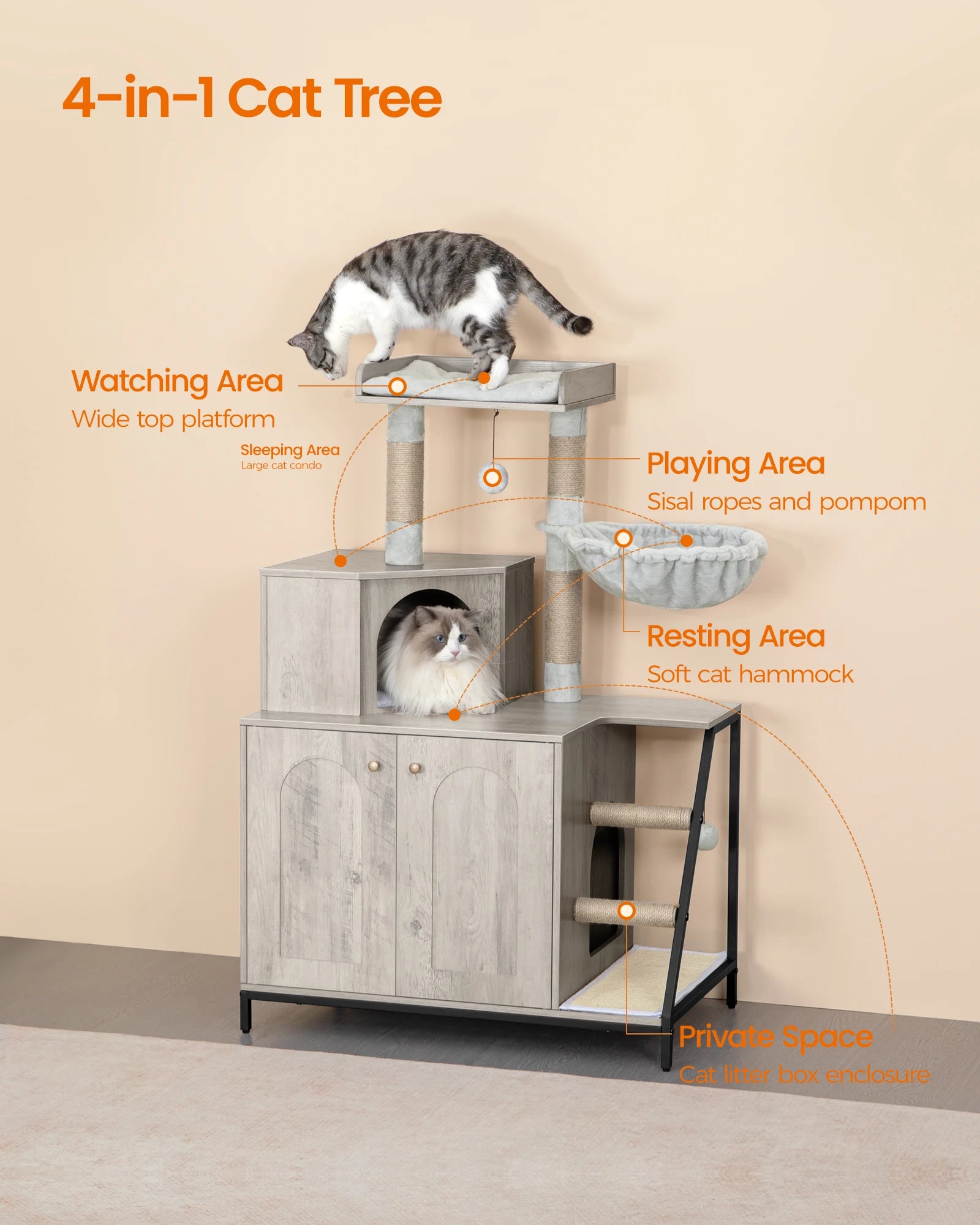 Hzuaneri Cat Tree with Litter Box Cabinet, Cat Cabinet, 4-In-1 Modern Cat House with Large Platform, Stairs and Pompom