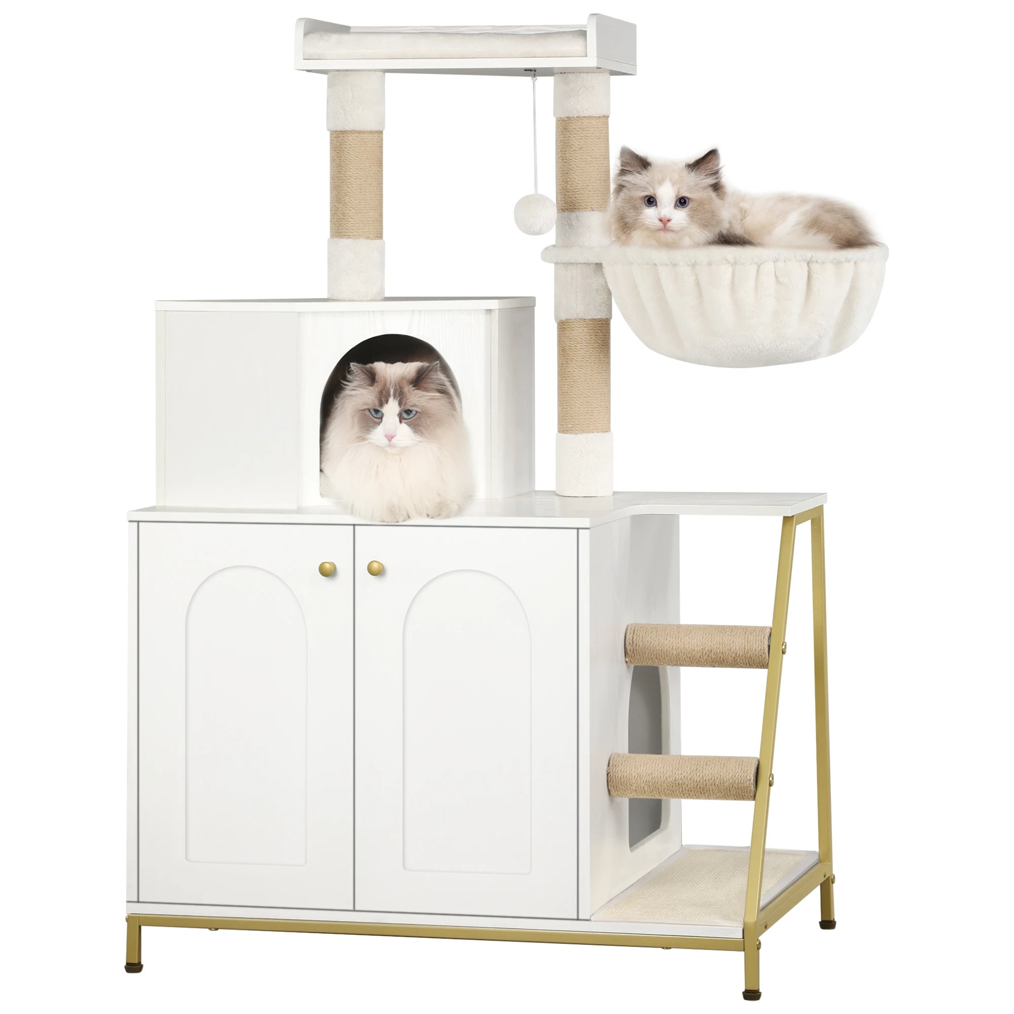 Hzuaneri Cat Tree with Litter Box Cabinet, Cat Cabinet, 4-In-1 Modern Cat House with Large Platform, Stairs and Pompom