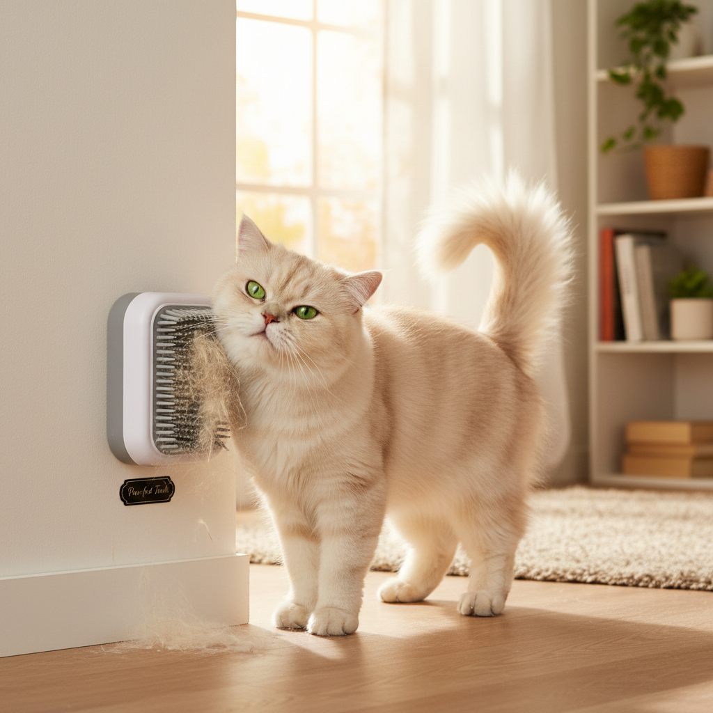 Cat happily rubbing against a wall-mounted corner massage brush