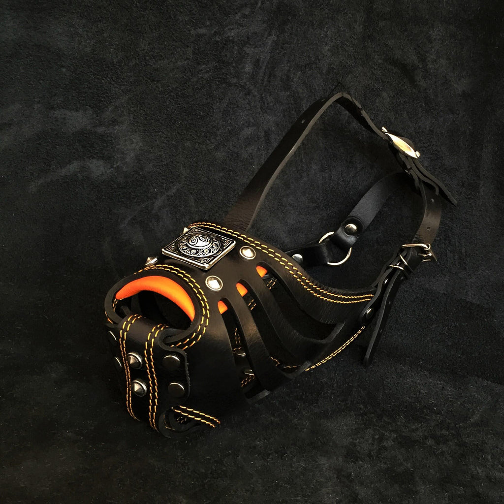 Dog Basket Muzzle – Black & Orange Leather, Humane & Breathable, Large Breeds
