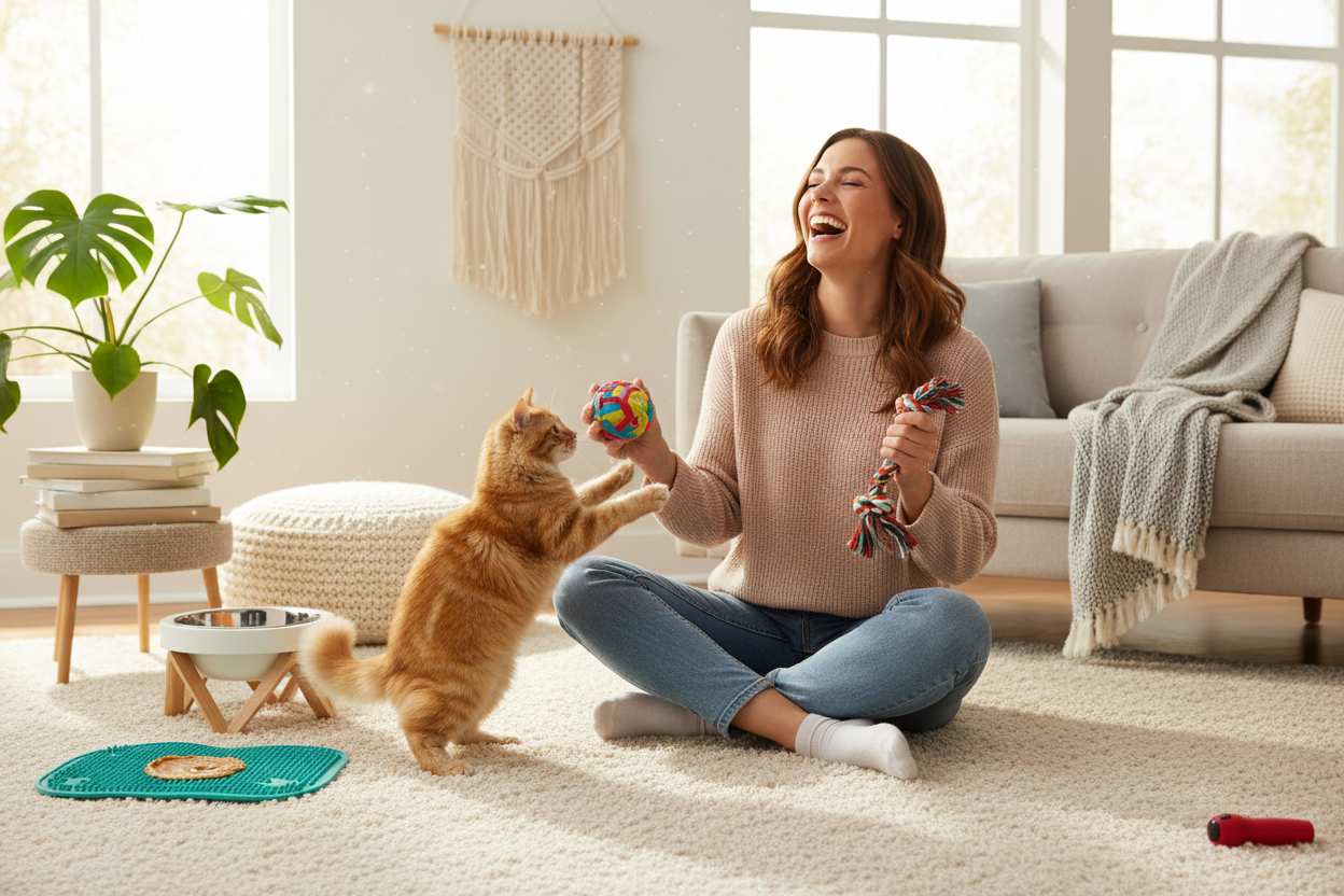Lady playing with cat and dog featuring Pure Pet Living products