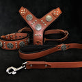 Silver Dog Set – Harness, Collar & Leash – Brown Leather, Large Breeds