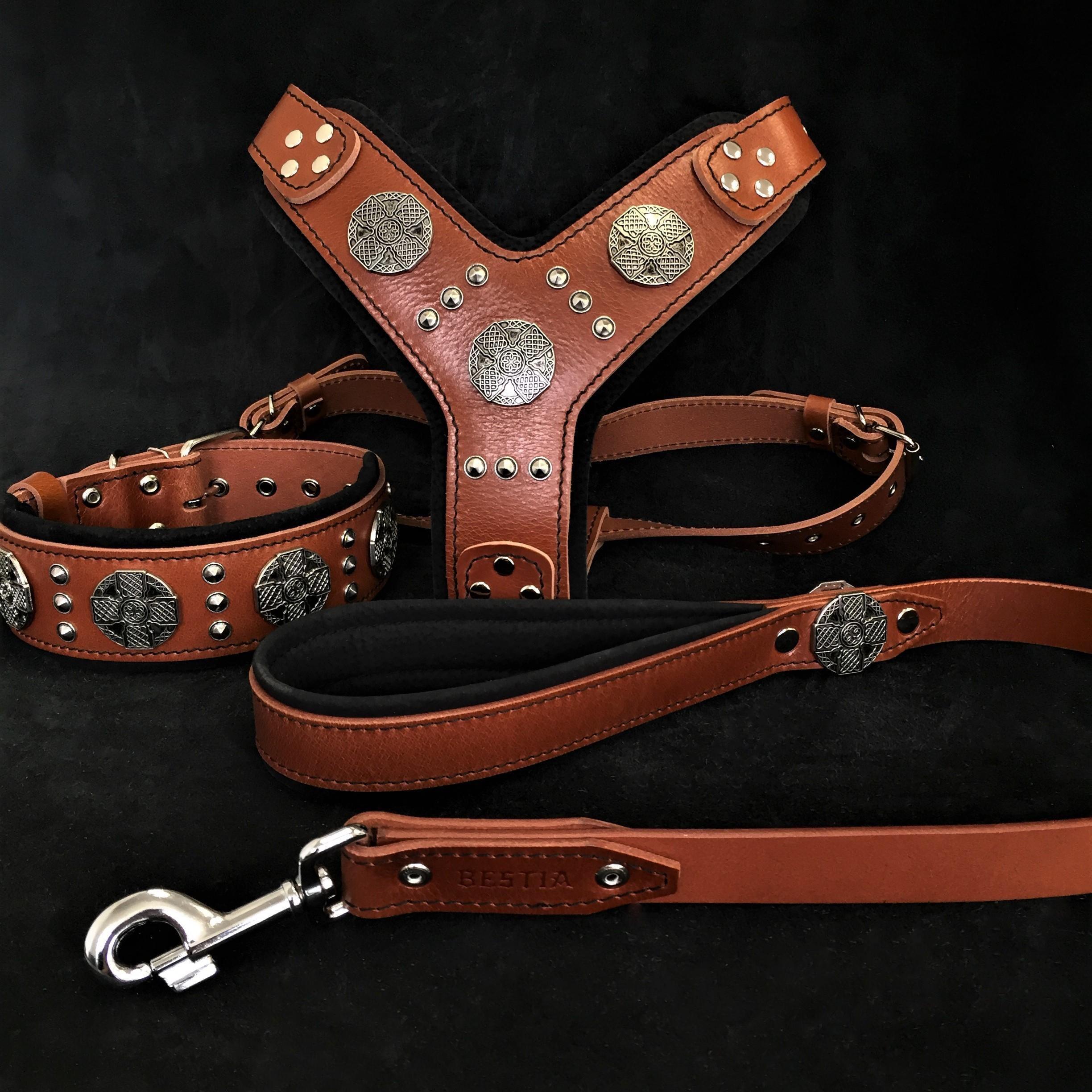 Silver Dog Set – Harness, Collar & Leash – Brown Leather, Large Breeds