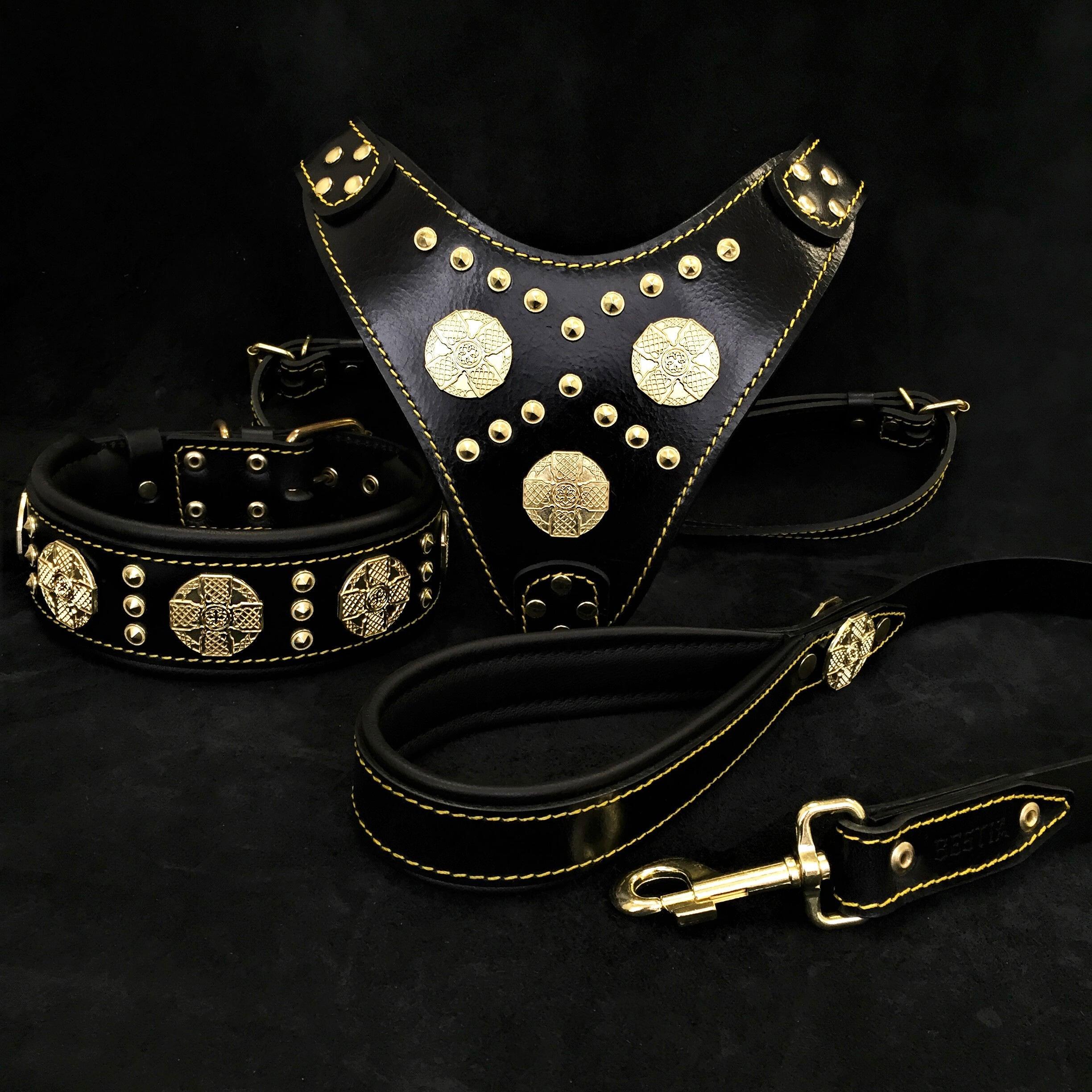 Black Dog Set – Harness, Collar & Leash – Black Leather, Brass Rivets