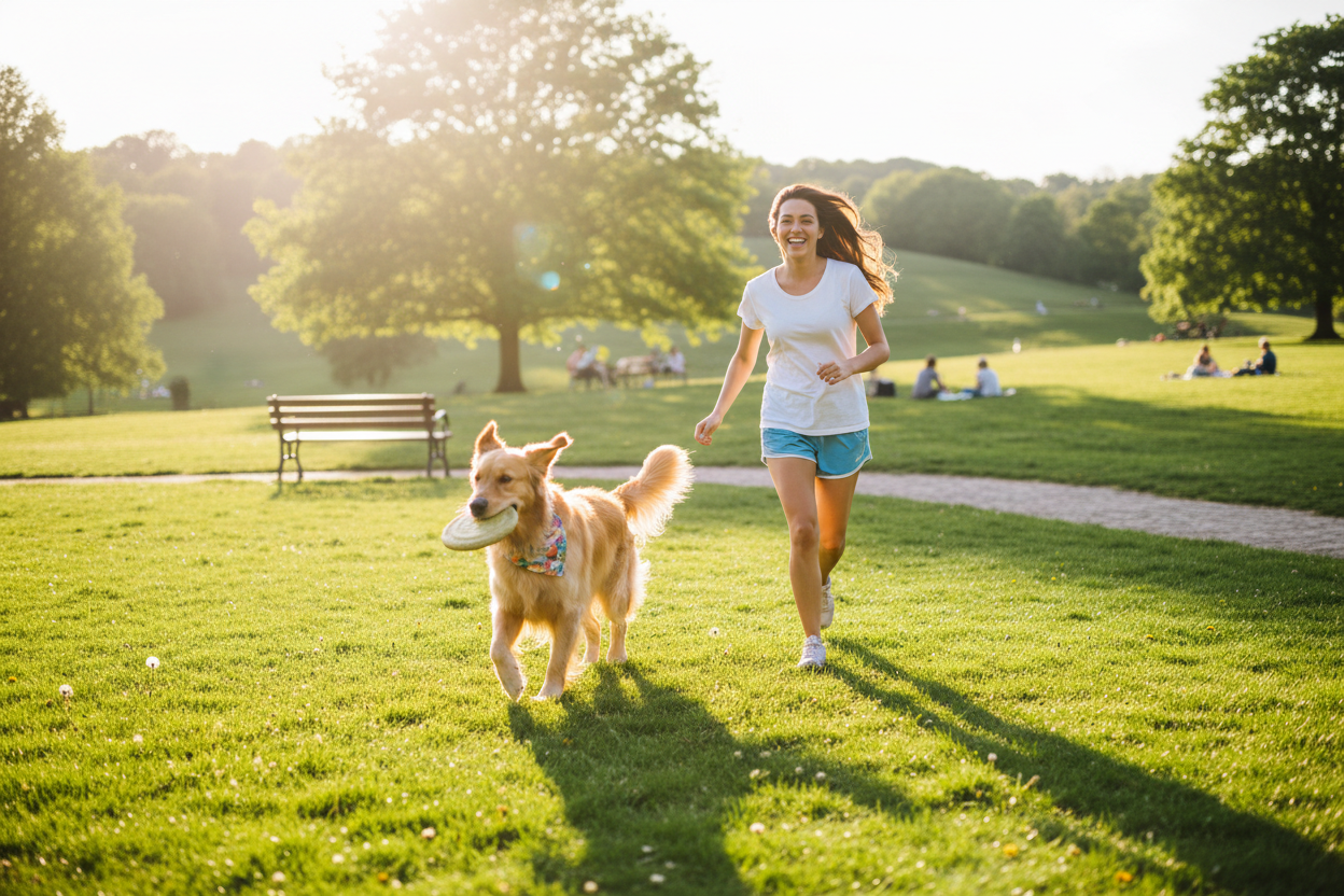 Woman playing with her dog outside